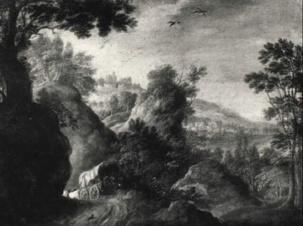 Gebirgslandschaft Mit Reisenden Auf Einem Planwagen - view 1