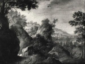 Gebirgslandschaft Mit Reisenden Auf Einem Planwagen by Jasper van der Laanen