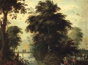 Landscape With Hunters And Travellers In Foreground by Jasper van der Laanen