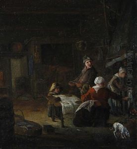A Peasant Family In A Kitchen Interior by Cornelis Beelt
