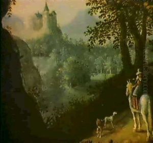 Waldlandschaft Mit Einer Burg Und Einer Reiterin Waldlandschaft Mit Einer Burg Und Einer Reiterin