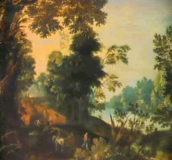 An Extensive River Landscape With Travellers In A Horsedrawncart And Figures Feeding Chickens By A Cottage - view 1