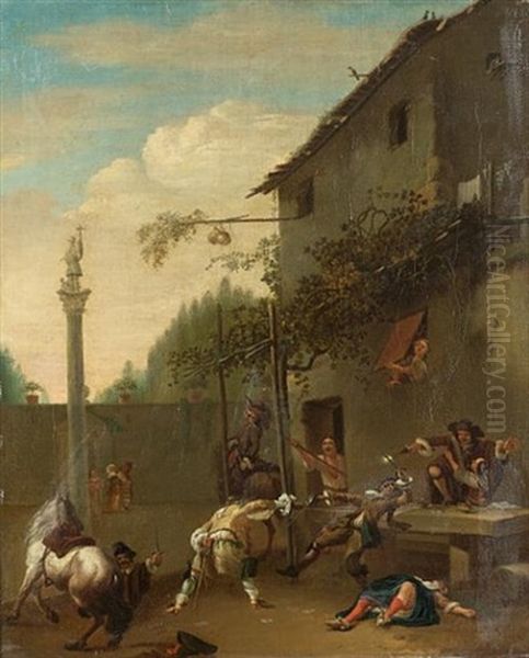 Horsemen And Soldiers Fighting Outside An Inn - view 1