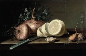 A Partly-pealed Lemon, A Clove Of Garlic, Onions, And A Knife On A Table