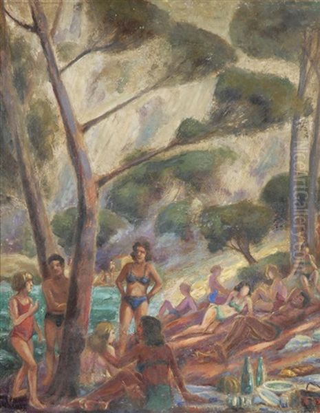Depicting Beach Goers In Bathing Suits Among Trees With A Body Of Water In The Background - view 1
