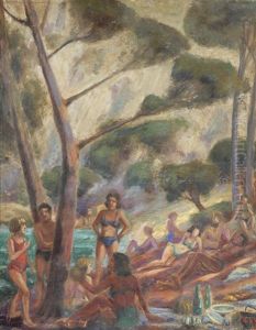 Depicting Beach Goers In Bathing Suits Among Trees With A Body Of Water In The Background Depicting Beach Goers In Bathing Suits Among Trees With A Body Of Water In The Background