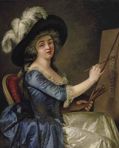 Portrait Of A Female Painter A Her Easel, Quarter-length, In A Blue Dress With A Brown Hat by Adelaide Labille-Guiard