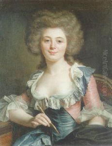 Portrait Of An Artist Holding A Stylus And Wearing A Blue Silk Gown With Coral Sleeves And Trimmings by Adelaide Labille-Guiard