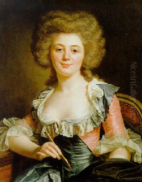 Portrait Of An Artist, Holding A Stylus And Wearing A Blue Silk Gown - view 1