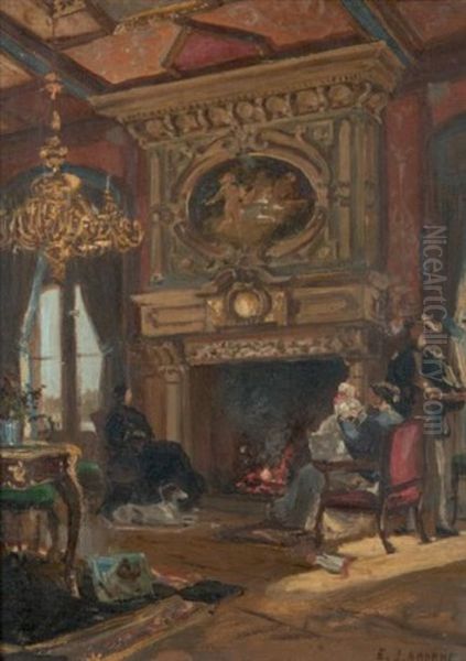 Famille Au Coin Du Feu Dans Un Interieur - view 1