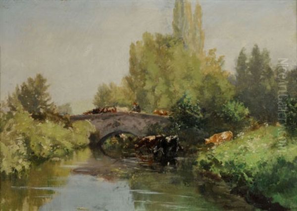 Flusslandschaft Mit Kuhen Bei Einer Brucke - view 1