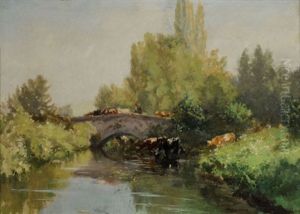 Flusslandschaft Mit Kuhen Bei Einer Brucke Flusslandschaft Mit Kuhen Bei Einer Brucke