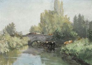 Flusspartie Mit Kuhen Bei Einer Brucke Flusspartie Mit Kuhen Bei Einer Brucke