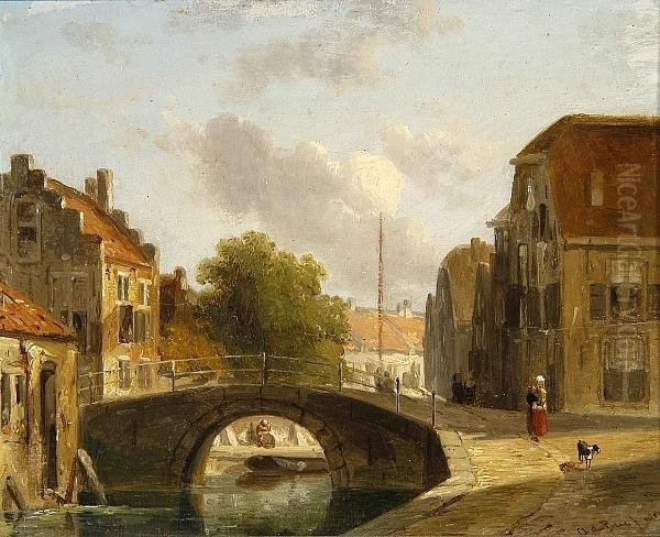 A Woman And Her Dog On A Riverside Street - view 1