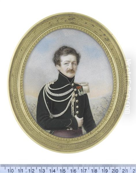Portrait Miniatures Of A Russian Officer And His Wife, Both Standing In Landscapes: The Former, Wearing Dark Green Jacket With Red Piping (pair) - view 1