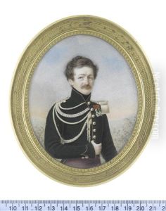 Portrait Miniatures Of A Russian Officer And His Wife, Both Standing In Landscapes: The Former, Wearing Dark Green Jacket With Red Piping (pair)