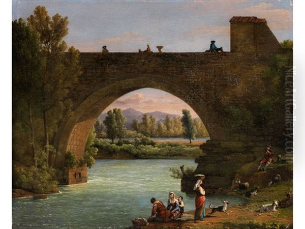 Grosse Steinbrucke In Italienischer Flusslandschaft Mit Staffagefiguren - view 1