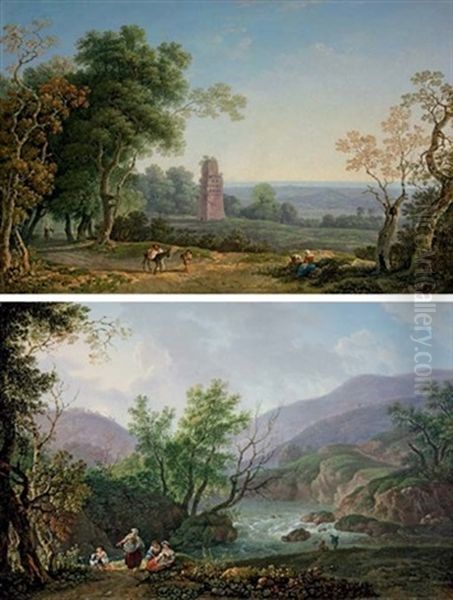 An Italianate Landscape With Peasants On A Path, An Ancient Mausoleum Beyond (+ Another; Pair) - view 1