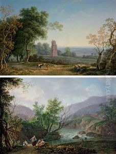 An Italianate Landscape With Peasants On A Path, An Ancient Mausoleum Beyond (+ Another; Pair)