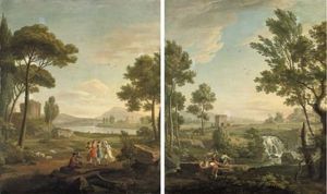 An Italianate River Landscape With A Ruin, With Musicians And Dancers In The Foreground (+ An Italianate Landscape, With Young Boys Fishing Near A Cascade, A Castle Beyond; Pair)
