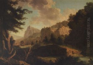 A Rocky River Landscape With A Figure In A Boat, A Hilltop Ruin And A View To A Village Beyond