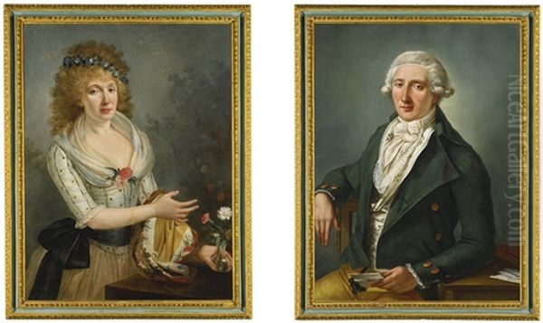 Portrait Of A Gentleman, Half Length, Seated, Wearing A Green Overcoat, With A Floral Waistcoat And Yellow Breeches; Portrait Of A Lady, Three-quarter Length Wearing A White Dress With A Black Bow And Flowers In Her Left Hand - view 1