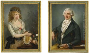 Portrait Of A Gentleman, Half Length, Seated, Wearing A Green Overcoat, With A Floral Waistcoat And Yellow Breeches; Portrait Of A Lady, Three-quarter Length Wearing A White Dress With A Black Bow And Flowers In Her Left Hand
