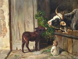 Barn Interiors With Cattle, Bull, Donkey And Child (pair)