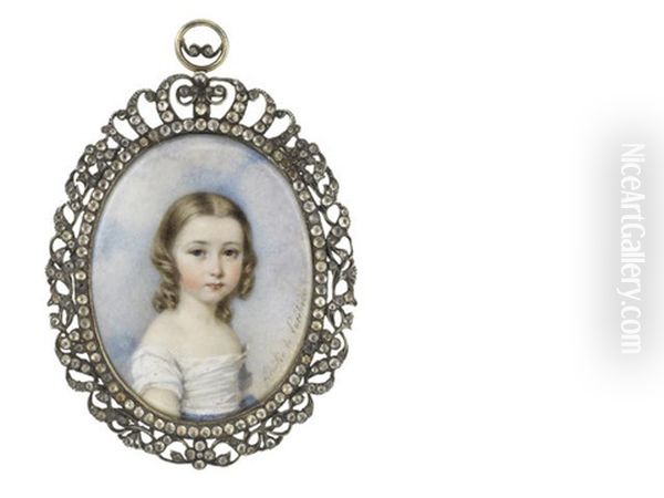 A Young Girl, Wearing White Dress With Blue Ribbon To Her Waist, Her Blonde Hair Centrally Parted And Falling In Curls To Her Shoulders - view 1