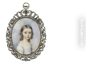 A Young Girl, Wearing White Dress With Blue Ribbon To Her Waist, Her Blonde Hair Centrally Parted And Falling In Curls To Her Shoulders