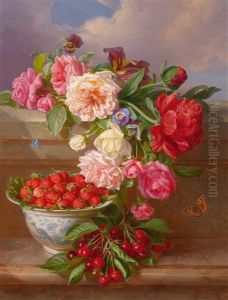 Stillleben Mit Rosen, Pfingstrosen, Erdbeeren Und Kirschen