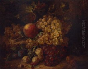 Grapes, A Peach, Green Gages, Medlars And A Bee On A Rockery