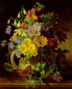 Blumenstraus Mit Primeln, Schneeglockchen, Seidbast Und Kuchenschelle In Einem Tonkrug