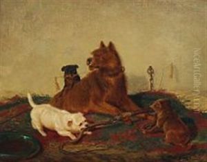 Dog Playing With Puppies by F. Sigmund Lachenwitz