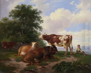 Kuhe Auf Der Weide Mit Hirtenknaben by F. Sigmund Lachenwitz