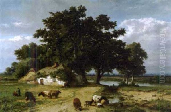 Personnages Et Betail Dans Un Paysage Champetre - view 1