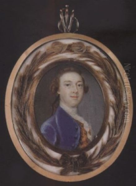 A Gentleman Wearing Blue Coat, Red Embroidered Gold Waistcoat, White Lace Cravat And Stock, His Hair Worn En Queue And Held With A Black Ribbon - view 1