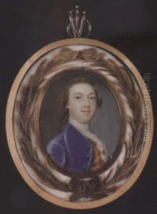 A Gentleman Wearing Blue Coat, Red Embroidered Gold Waistcoat, White Lace Cravat And Stock, His Hair Worn En Queue And Held With A Black Ribbon