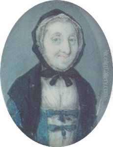 A Elderly Lady, Wearing A Blue Dress Tied With Ribbons Over A White Underdress, Black Shawl And Matching Bonnet