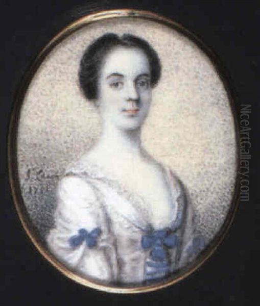 A Fine Portrait Of A Lady, In Decollete White Dress Trimmed With Blue Ribbons, Lace Underslip - view 1