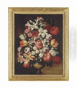Lilies, Tulips, Peonies, Carnations And Other Flowers In A Bronze Urn