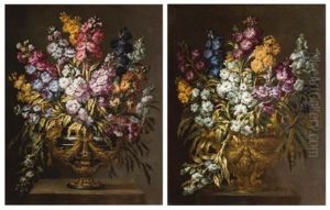 A Pair Of Still Lifes Of Flowers In Elaborate Gilt Urns, Each On A Stone Pedestal (pair) by Gabriel de LaCorte