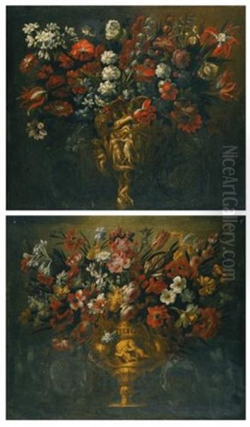 A Pair Of Flower Still Lifes In Sculpted Vases, Flanked By Sculpted Scrollwork (pair) - view 1