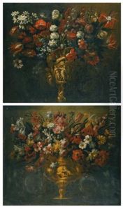 A Pair Of Flower Still Lifes In Sculpted Vases, Flanked By Sculpted Scrollwork (pair) by Gabriel de LaCorte