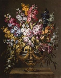 Still Life Of Flowers In Elaborate Gilt Urn, On A Stone Pedestal (+ Another; Pair) by Gabriel de LaCorte