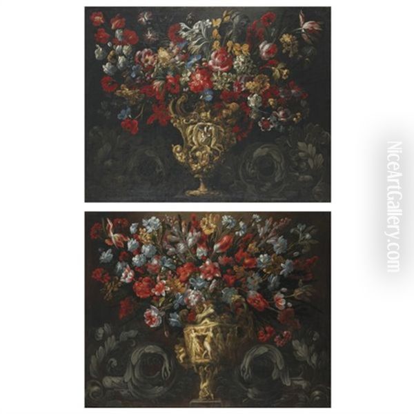 Still Lifes Of Flowers In Sculpted Vases, Flanked By Sculpted Scrollwork With Eagle Heads (pair) - view 1