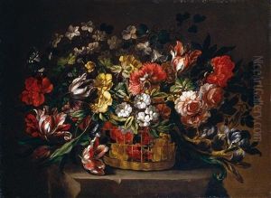 Still Life Of Roses, Tulips, Irises, Chysanthemums, Morning Glory And Carnations In A Wicker Basket, Set Upon A Stone Plinth