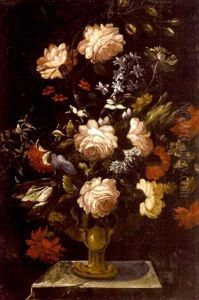 A Still Life With Flowers In A Vase On A Pedestal (+ Another; Pair) by Gabriel de LaCorte