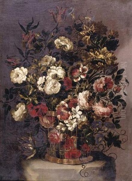Still Life Of Flowers In A Woven Basket - view 1