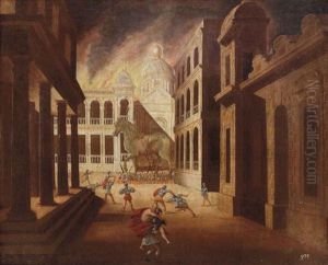 The Burning Of Troy, With The Trojan Horse And Aeneas Fleeing With Anchises In The Foreground by Juan de LaCorte